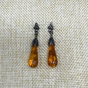 Vintage Sterling Silver 925 And Amber Teardrop Earrings